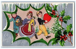 Christmas Postcard Childrens With Toy Gifts In Basket Holly Berries Embossed