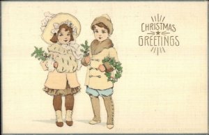 Christmas - Children Coats Hats Holly Unisgned Brundage? c1910 Postcard