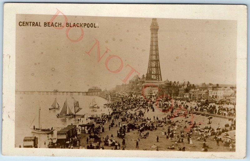 1909 Blackpool, England RPPC Beach Real Photo Oyster Kiosk Bathing Machines A73