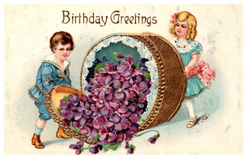 Children , Birthday ,Victorian Children , hat box of flowers