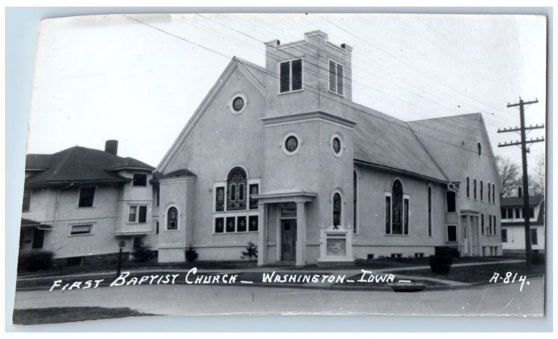 Washington Iowa IA Postcard RPPC Photo First Baptist Church Scene Street c1940's