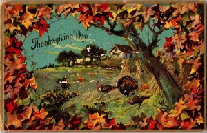 Tucks 123 Thanksgiving Day Embossed Turkeys, Leaves Vintage Postcard N64