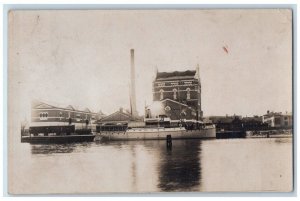 1909 Steamship Ronnest Dock Factory View Denmark RPPC Photo Posted Postcard