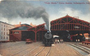 TRAIN SHEDS UNION STATION TRAIN DEPOT INDIANAPOLIS INDIANA POSTCARD 1909