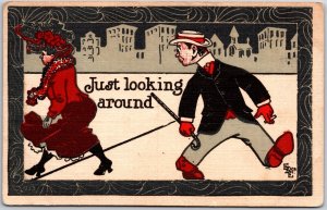 1910's Just Looking Around Girl Big Butt Man Staring Comic Card Posted Postcard