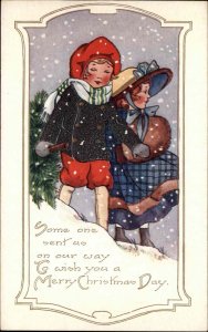 Whitney Christmas Little Boy and Girl in Snowstorm c1910 Vintage Postcard