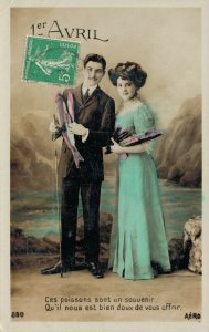 Aprils Fools Day Victorian Romantic Lady and Men Fish RPPC 06.80