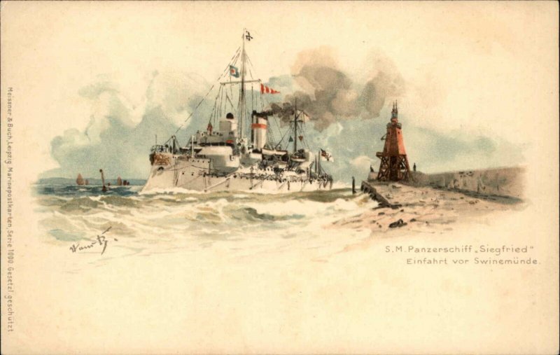 Meissner Buch Battleship SM Pazerschiff Siegfried Chromo Litho c1905 PC