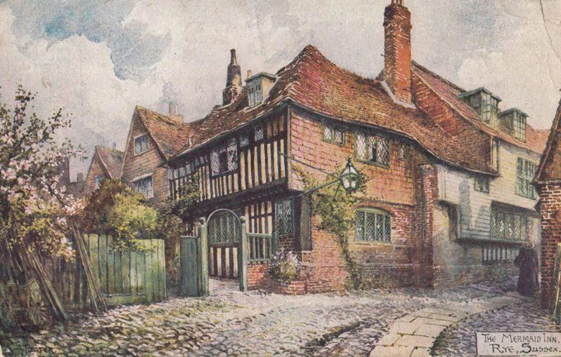 The Mermaid Inn Rye Sussex Antique WW1 1916 Pub Painting Drawing Postcard