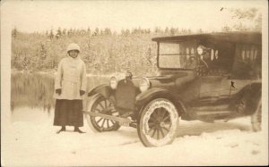 Woman & Auto Car Maine License Plate c1920 Real Photo Postcard