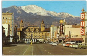 Street Scene COLORADO SPRINGS Pikes Peak Movie Theater Antlers Hotel Postcard