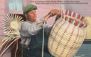 Vintage Postcard Cherokee Indian Basket Maker Great Smoky Mountains Nat'l Park