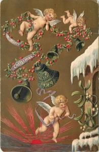 c1906 Embossed Christmas Postcard Flying Angels, Bells & Holly Garland, Sunrise