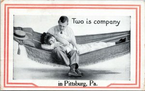 postcard Two is company in Pittsburgh, Pa.  Man and woman in hammock.