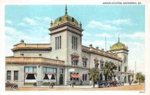 UNION STATION TRAIN DEPOT CARS SAVANNAH GEORGIA POSTCARD (c. 1930s)