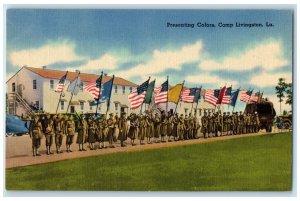 c1940's Presenting Colors Soldiers Us Flag Camp Livingston Louisiana LA Postcard