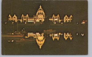 Parliament Buildings At Night, Victoria, BC, Vintage 1966 Chrome Postcard