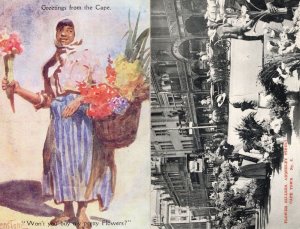 Cape Town South Africa Adderley Street 2x Flower Seller Postcard s