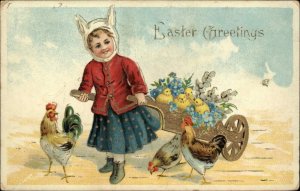 Easter Little Girl in Bunny Hat Wagon of Chicks Gilt Gel c1910 Vintage Postcard