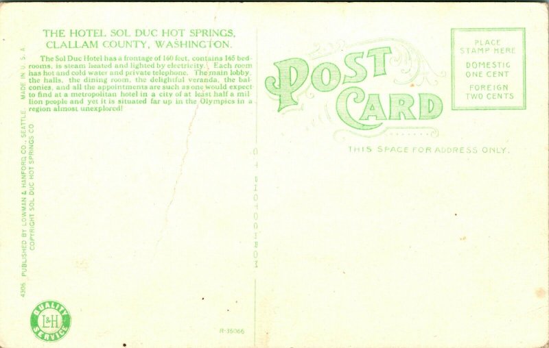 Vtg Tarjeta Postal - The Hotel - Sol Duc Hot Springs Clallam County Washington