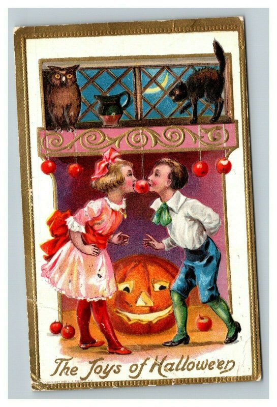 Vintage 1909 Halloween Postcard Cute Children Bob for Apples Giant Scary Pumpkin