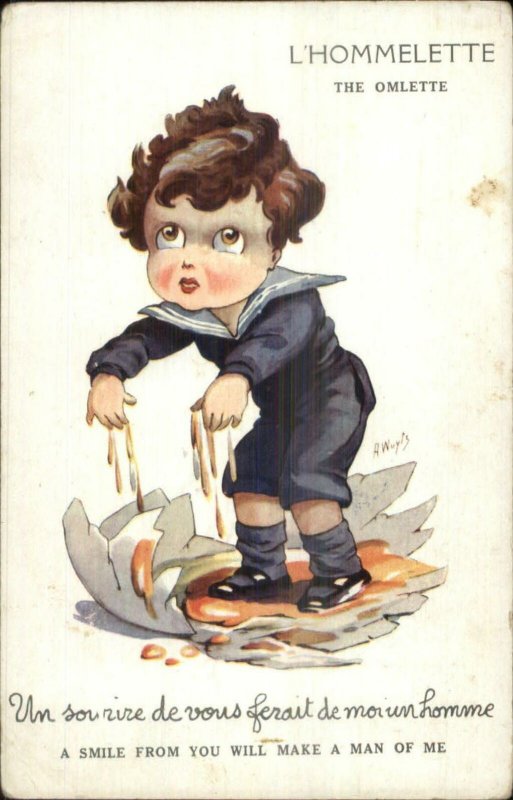Fantasy - Little Boy Breaks Giant Egg THE OMELETTE A. Wuyts Postcard c1910