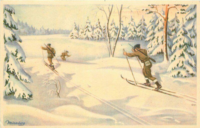 Artist impression 1940s WW2 Military Soldiers Skiing Winter Snow Postcard 3325