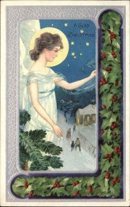 Christmas Angel Watching Over Villagers Embossed c1900s-10s Postcard