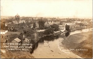 RP Postcard Birds Eye View of Courthouse and River in Cheboygan, Michigan~134148