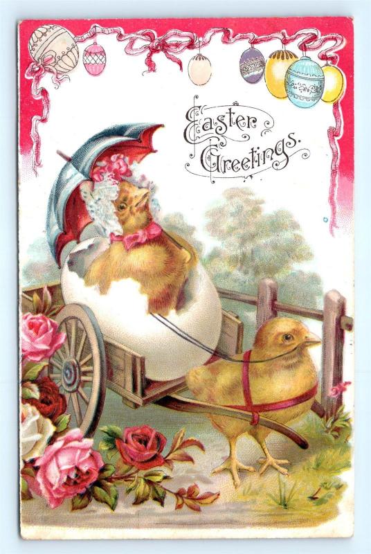 Postcard Easter Greetings Chick Pulling Chick in Egg Cart Umbrella 1909  I4