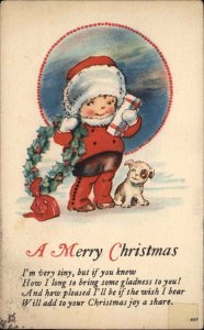 Christmas Little Boy with Puppy Dog and Presents Vintage Postcard