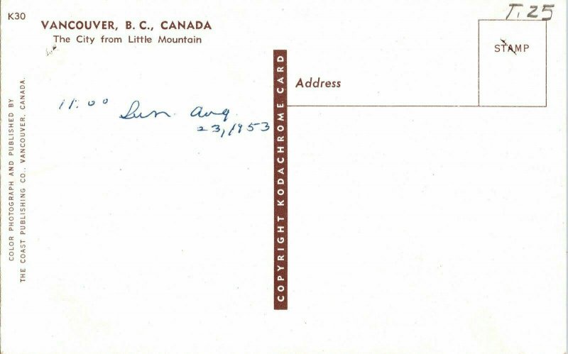 Vancouver British Columbia BC Canada Little Mountain Postcard Vintage Unposted 