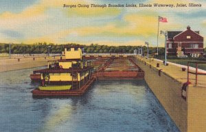Joliet IL Illinois Barges Going Through Brandon Locks Waterway Postcard E10