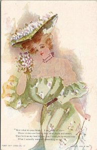 Lovely Lady Just Girl Series Woman Ready to Cry Violets 1906 Artist Postcard V16