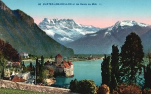 Vintage Postcard Chateau-De-Chillon Et Les Dents Du Midi Geneva Lake Switzerland