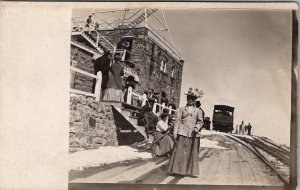 RPPC Pikes Peak Colorado Train Tower Edwardian Woman large Hat Postcard Y17