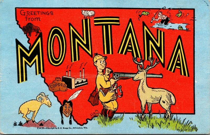 Vtg Greetings From Montana MT Map Hunter Wildlife Comic Linen Postcard