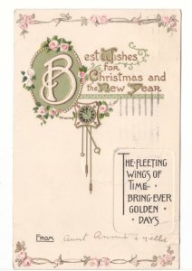 Best Wishes For Christmas, Flowers, Clock, Vintage 1919 Tuck's Postcard, Slogan