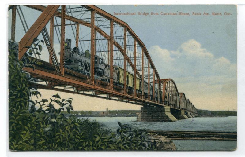 Railroad Train International Bridge Sault Ste Marie Ontario Canada postcard