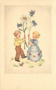 Postcard 1930s Children flowers bird artist 23*-6794