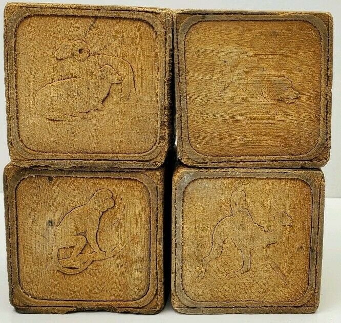 Antique Vtg Wood Blocks Carved Buffalo, Horse, Turkey, Porcupine, Kangaroo, Dog