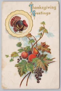 Holiday~Grapes Fruit On Branch & Turkey Thanksgiving Greeting~Vintage Postcard