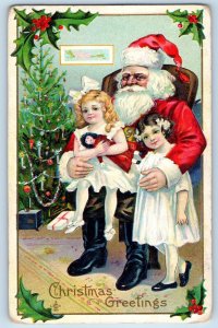 Christmas Postcard Greetings Santa Claus And Children Doll Berries Embossed