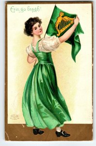 St Patrick's Postcard Ellen Clapsaddle 1909 Erin Go Bragh Harp Flag Irish Girl