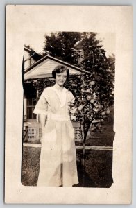 RPPC Lovely Lady Showing off Her Orange Tree Front Yard Postcard H30