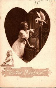 Vtg Postcard 1911 Valentine - Love's Message - Woman w Dove in Heart w Cupid