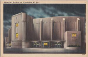 West Virginia WV Postcard Linen CHARLESTON Municipal Auditorium Night