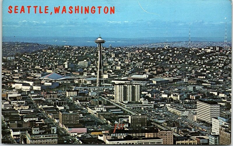 Vintage Seattle Washington Ariel View Downtown Space Needle Postcard 7-91 