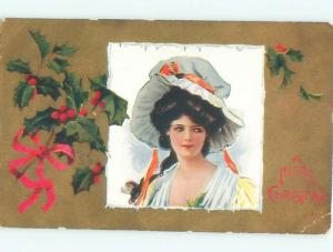 Pre-Linen Christmas PRETTY WOMAN WEARING BONNET HAT WITH HOLLY AB5470