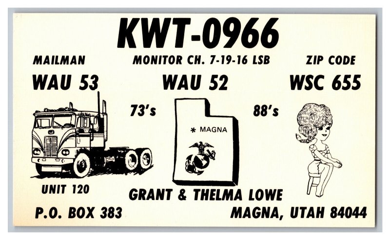 Postcard QSL CB Ham Radio Amateur Card From Magna Utah KWT-0966